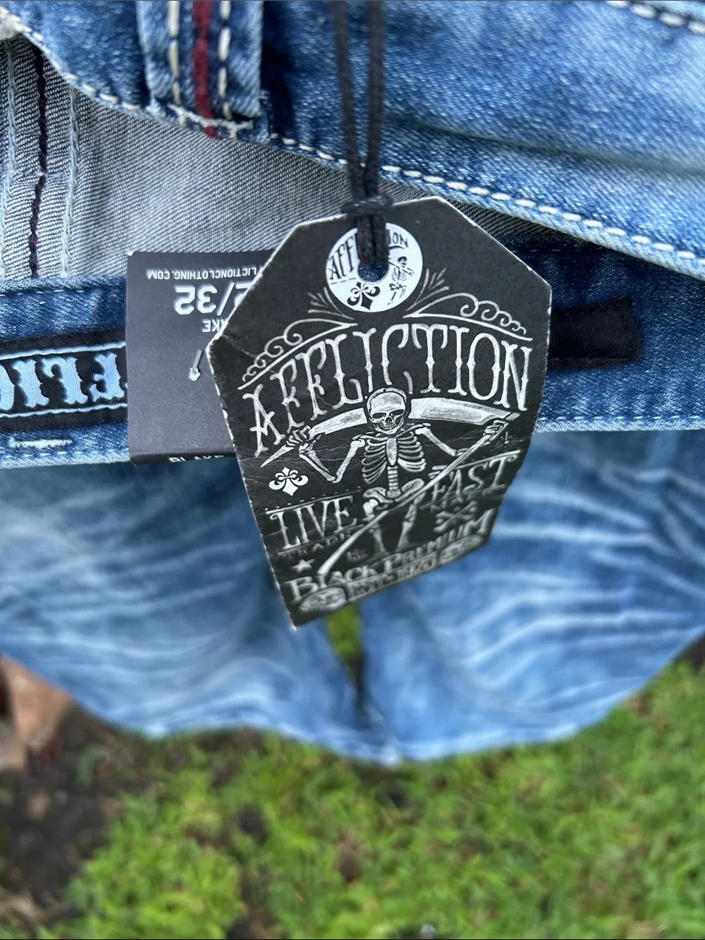 Affliction Blue Slim Straight Jeans with Embroidered Pocket Accents